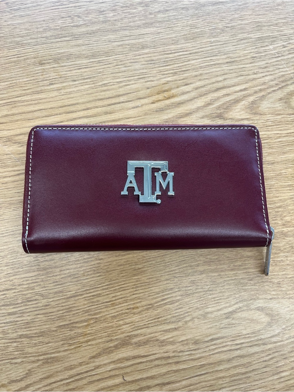 Maroon Leather Wallet with Silver Texas A&M Logo